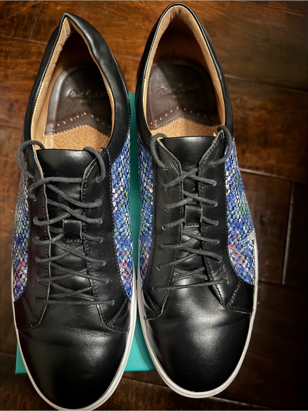 Robert Graham Black Leather Sneakers with Blue Mosaic Panels